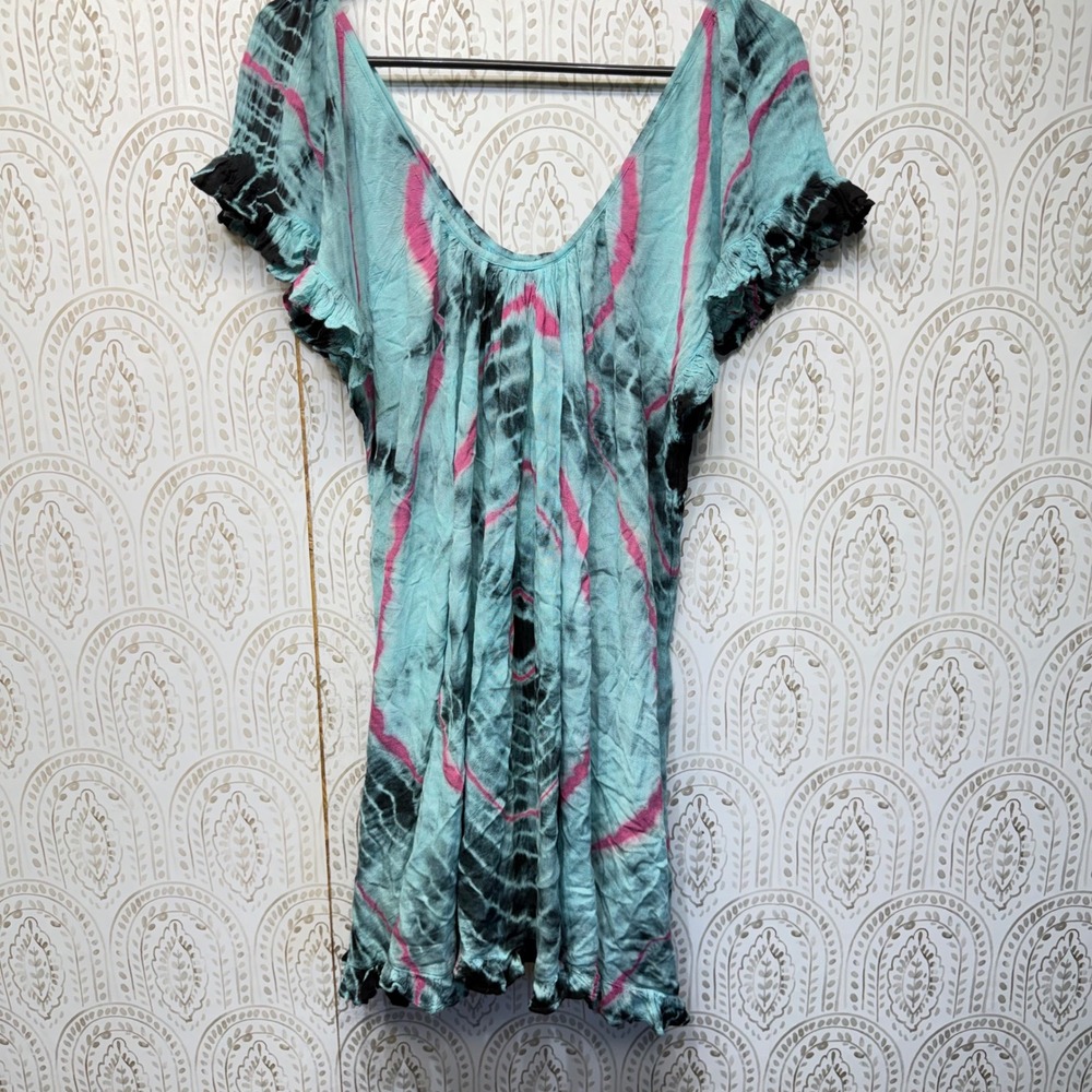 Sacred Threads Tunic Dress Womens Small Blue Pink Tie Dye Ruffle Boho